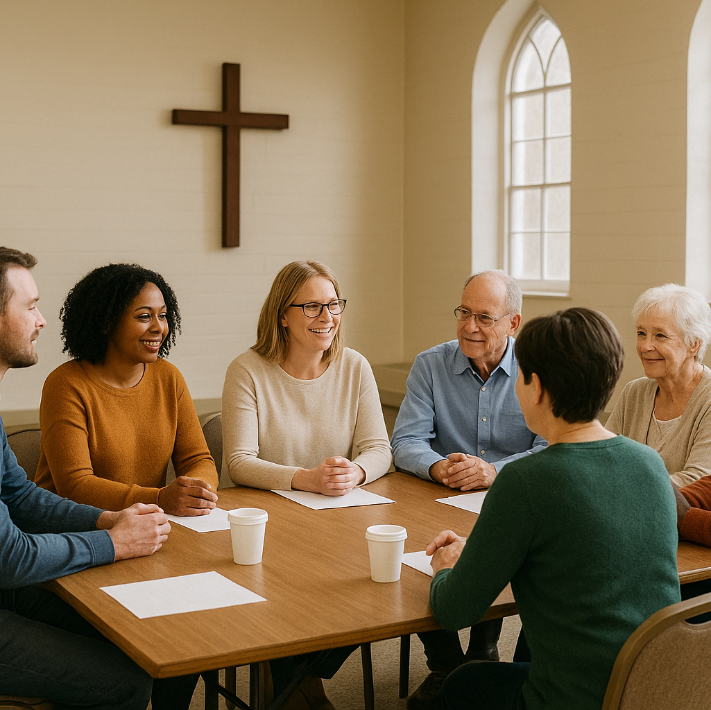 Group of people in a meeting in a church hall